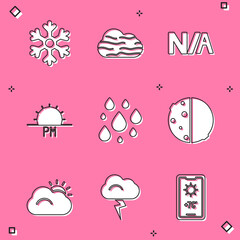 Set Snowflake, Fog and cloud, Not applicable, Sunset, Water drop, Eclipse of the sun, and Storm icon. Vector
