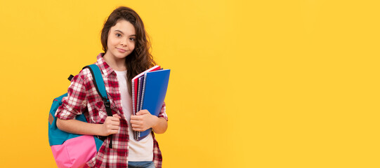 smiling school teen girl ready to study with backpack and notebooks, education. Banner of school girl student. Schoolgirl pupil portrait with copy space.