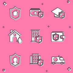 Set House with shield, Money, Graduation cap, flood, Wallet, Life insurance and icon. Vector