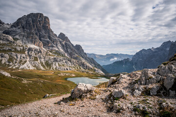 Fototapeta na wymiar View to the Auronzo Hut and hiking trail to the Drei Zinnen in the Dolomites in South Tyrol, Italy.