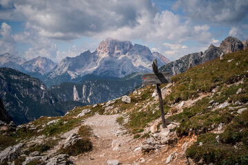 Dolomites mountain range of the Alps Hiking trail to the Drei Zinnen in the Dolomites in South...