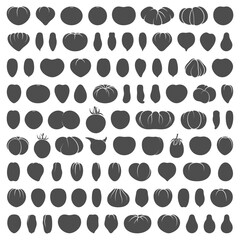 Fototapeta premium Set of black and white illustrations with tomatoes of various varieties and shapes. Isolated vector objects on a white background.