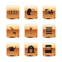 Set Garden fence wooden, Watering can, Farm house, Shovel, Honey dipper stick, Tractor, Well and Little chick cracked egg icon. Vector