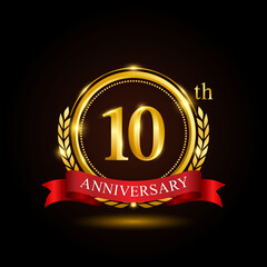 10th golden anniversary template design, with shiny ring and red ribbon, laurel wreath isolated on black background, logo vector01