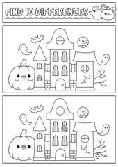 Fototapeta na wymiar Halloween black and white find differences game for children. Attention skills line activity with cute haunted house. Puzzle for kids or coloring page. Printable what is different worksheet.
