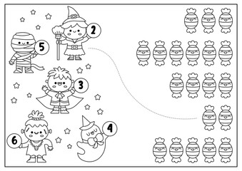 Halloween black and white matching game with trick or treat sweets and cute kawaii kids. Autumn line math activity for preschool children. Educational printable counting worksheet or coloring page.