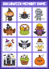 Vector Halloween kawaii memory game cards with cute traditional holiday symbols. Samhain party matching activity. Remember and find correct card. Simple printable worksheet for kids.