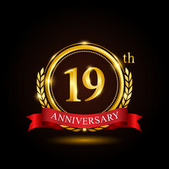 19th golden anniversary template design, with shiny ring and red ribbon, laurel wreath isolated on black background, logo vector