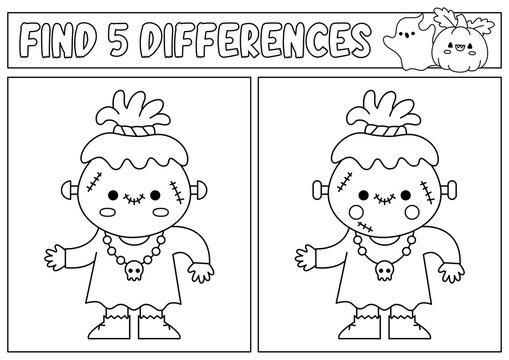 Halloween black and white find differences game for children. Attention skills line activity with cute voodoo or Frankenstein monster. Puzzle or coloring page. Printable what is different worksheet.