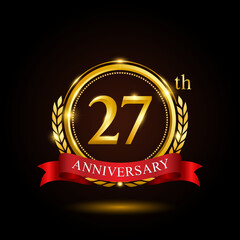27th golden anniversary template design, with shiny ring and red ribbon, laurel wreath isolated on black background, logo vector