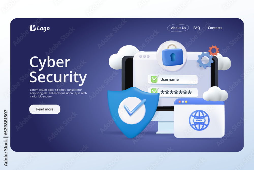 Wall mural virtual cybersecurity landing page template. computer privacy, data protection in internet, cyber se
