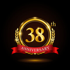 38th golden anniversary template design, with shiny ring and red ribbon, laurel wreath isolated on black background, logo vector