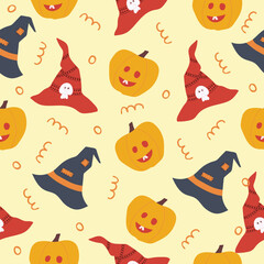 Seamless pattern for Halloween holiday with cute cartoon pumpkin and hat. Childish background for fabric, wrapping paper, textile, wallpaper. Vector Illustration