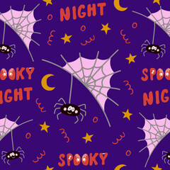 Seamless pattern for Halloween holiday with cute spider and spooky night lettering. Childish background for fabric, wrapping paper, textile, wallpaper. Vector Illustration