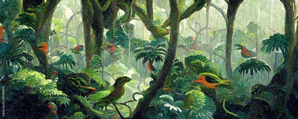 Wall mural a rainforest with birds and lizards illustration. generative ai