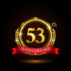 53th golden anniversary template design, with shiny ring and red ribbon, laurel wreath isolated on black background, logo vector