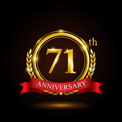 71th golden anniversary template design, with shiny ring and red ribbon, laurel wreath isolated on black background, logo vector