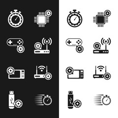 Set Router and wi-fi setting, Gamepad, Time management, Processor, Microwave oven and icon. Vector