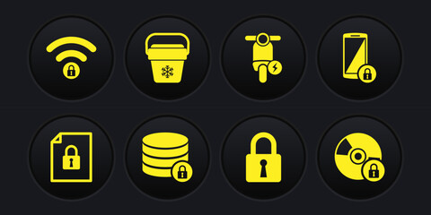 Set Document and lock, Smartphone with, Server security, Lock, Electric scooter and Cooler bag icon. Vector