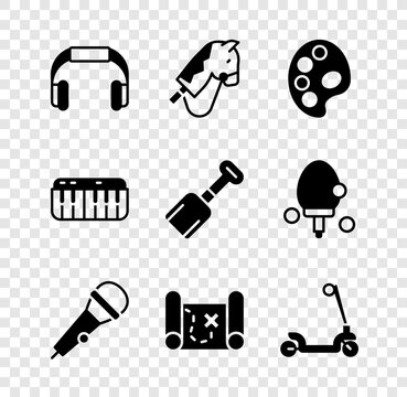 Set Headphones, Toy horse, Palette, Microphone, Pirate treasure map, Roller scooter, Music synthesizer and Shovel toy icon. Vector