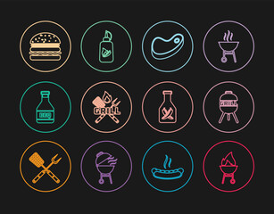 Set line Barbecue grill, Steak meat, Crossed fork and spatula, Ketchup bottle, Burger, and icon. Vector
