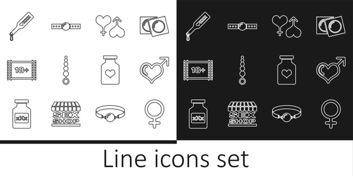 Set line Female gender symbol, Male and heart, female, Anal beads, Play Video with 18 plus, Spanking paddle, Bottle pills for potency and Silicone ball gag icon. Vector