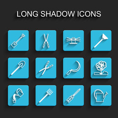 Set line Watering can, Garden pitchfork, shovel, Gardening handmade scissor, Planting tree the ground and Sickle icon. Vector