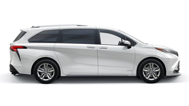 Dallas. USA. September 11, 2022. White Toyota Sienna Platinum Hybrid on a white background. Large family minivan with hybrid engine. 3d illustration.