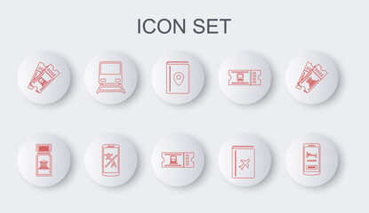 Set line Online hotel booking, Museum ticket, Cover travel guide, Train, translator and icon. Vector