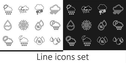 Set line Water drop, Cloud with snow and moon, Snowflake, sun, percentage and icon. Vector
