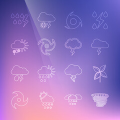 Set line Tornado, Pinwheel, Storm, Cloudy with snow, and icon. Vector