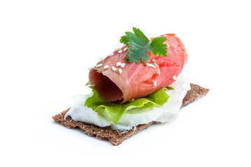 Healthy toast with rye bread and salmon isolated on white