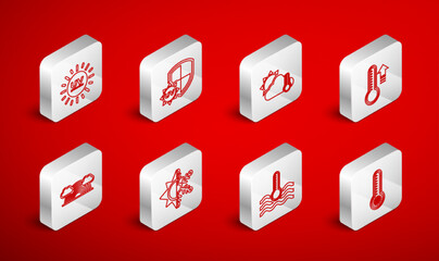 Set line Meteorology thermometer, UV protection, Thermometer and cloud, sun, Water, Sun snowflake and Rainbow with clouds icon. Vector