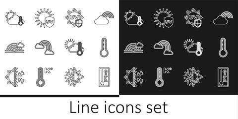 Set line Meteorology thermometer, UV protection, Rainbow with clouds, Thermometer and cloud, sun, and icon. Vector