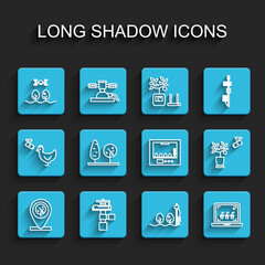 Set line Location and tree, Automatic irrigation sprinklers, Smart farm with drone, Standalone sensor plant, farming technology, Trees, and Incubator for eggs icon. Vector