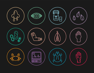 Set line Hand with psoriasis or eczema, Can container for milk, Inhaler, Peanut, Runny nose, Kidney beans and Reddish eye allergic conjunctivitis icon. Vector