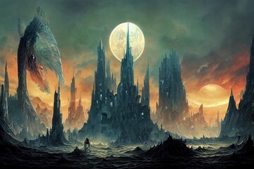 fantasy design castle, mountains, moon illustration. Generative AI
