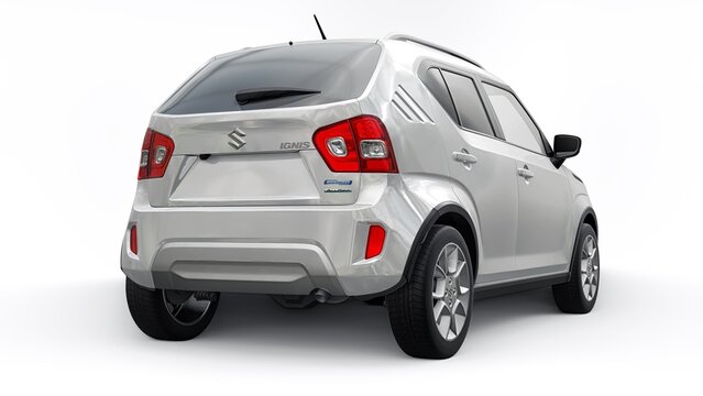 Tokio. Japan. September 11, 2022. White Suzuki Ignis 2022 on a white background. Ultra-compact cheap city car for densely populated areas and heavy traffic. 3d rendering.