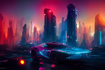 Fototapeta na wymiar cyberpunk futuristic cityscape with a stealth car, created with generative ai
