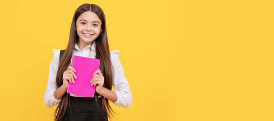 happy teen girl in school uniform hold book, back to school. Banner of school girl student. Schoolgirl pupil portrait with copy space.