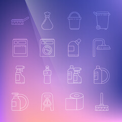Set line Handle broom, Dishwashing liquid bottle plate, Shower head, Bucket, Washer, Kitchen dishwasher machine, Brush for cleaning and Bottles agent icon. Vector