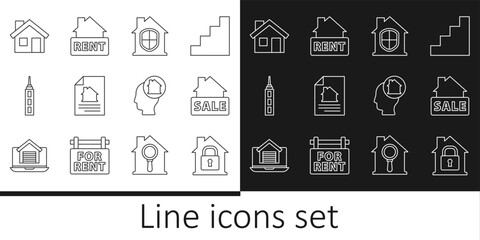 Set line House under protection, Hanging sign with Sale, contract, Skyscraper, Man dreaming about buying house and Rent icon. Vector
