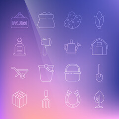 Set line Tree, Shovel, Farm house, Potato, Wooden axe, Full sack, Signboard with text and Watering can icon. Vector
