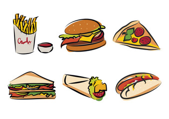 Sketch image of food, french fries with ketchup, burger, pizza, sandwich, roll and hot dog