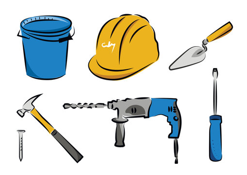 Sketch image of tools for construction and repair, construction bucket, hard hat, trowel, spatula, hammer, nail, screw, perforator, drill and screwdriver