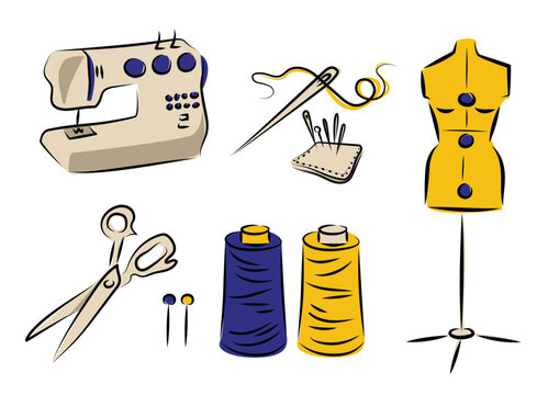 Sketch image of sewing equipment, sewing machine, overlocker, sewing mannequin, dummy, threads, pins, needles, scissors