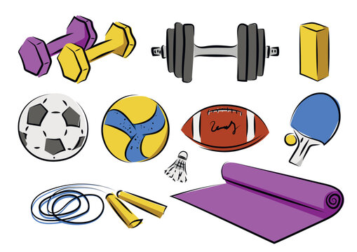 Sketch image of sports equipment, small and large dumbbells, balls for football, volleyball, rugby, table tennis rackets, shuttlecock, rolling pin and mat for fitness