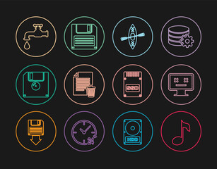 Set line Music note, tone, Dead monitor, Kayak and paddle, Delete file document, Floppy disk, Water tap, SSD card and icon. Vector