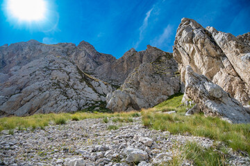 Gran Sasso mountain, in Abruzzo region, central Italy, summer day in the mountains. Tourist destination in Italy
