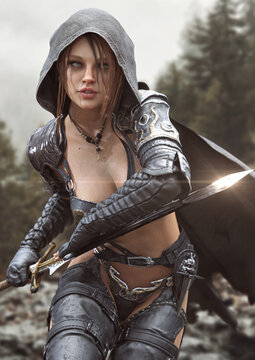 Fantasy female hooded warrior ranger locked into battle ready to counter attack her opponent . 3d rendering.
